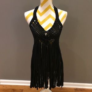 Black Knit Halter Fringe Tank Shirt